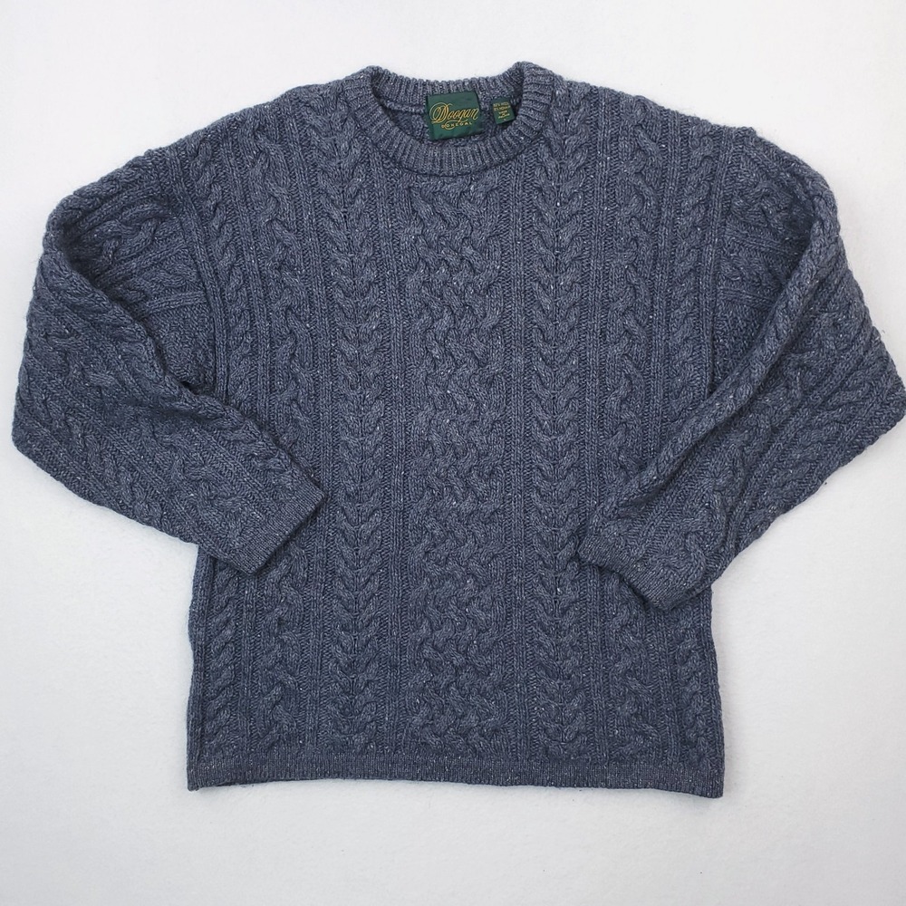 Doogan Donegal Sweater Men Large Blue Cable Knit Fisherman Wool Silk Blend Aran